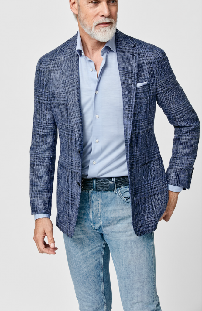Loro Piana SUMMERTIME Indigo Wool, Silk & Linen with Navy Glencheck