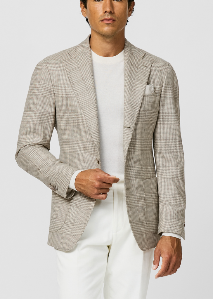 Loro Piana PECORA NERA Ivory & Taupe S120 Merino Wool Glencheck
