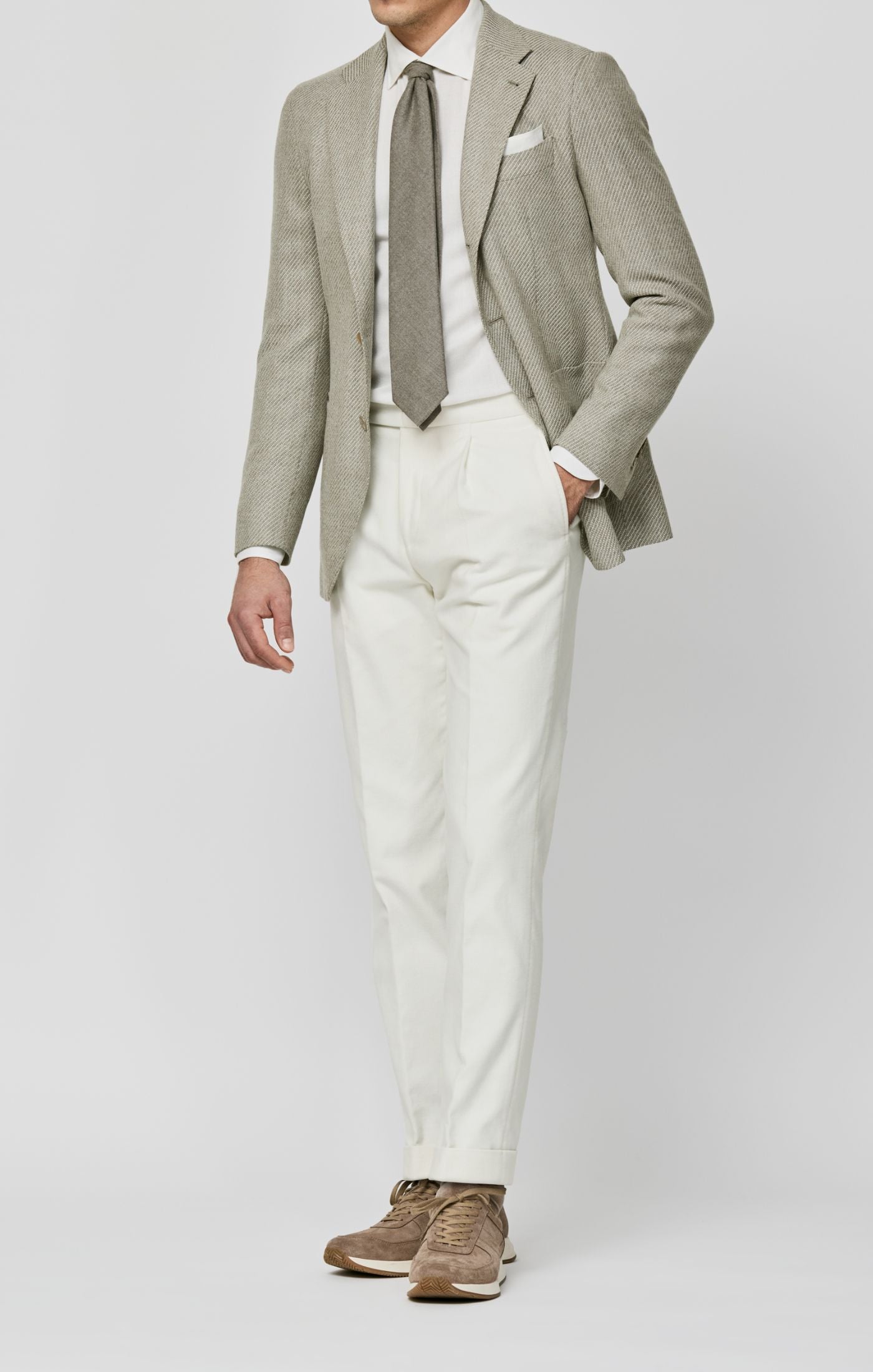 Loro Piana JERSELY Light Grey & Taupe Stretch Merino Wool Coarse Twill