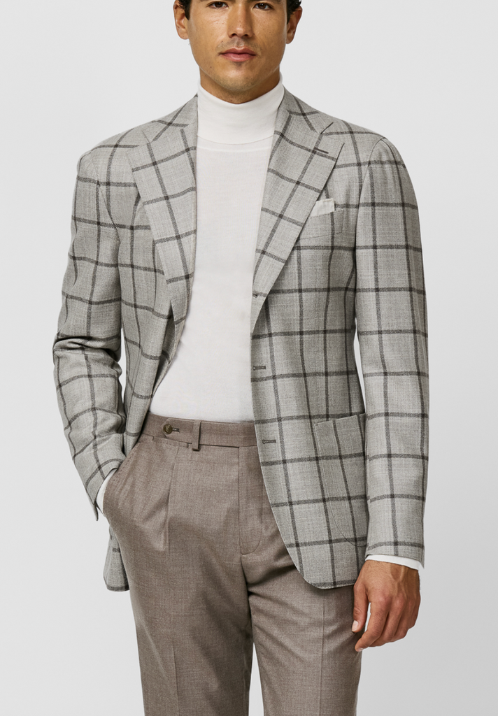 Loro Piana SILK AIR Bone Sharkskin Wool, Silk & Cashmere with Dark Brown Windowpane