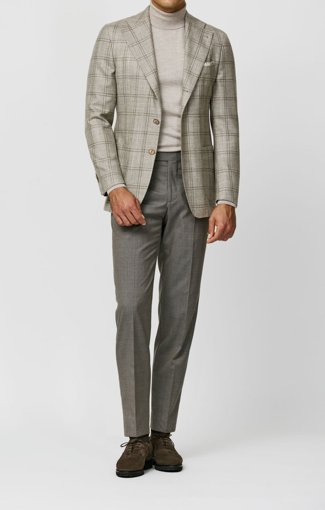 Loro Piana SILK AIR Oatmeal Wool, Silk & Cashmere Sharkskin with Taupe Double Windowpane