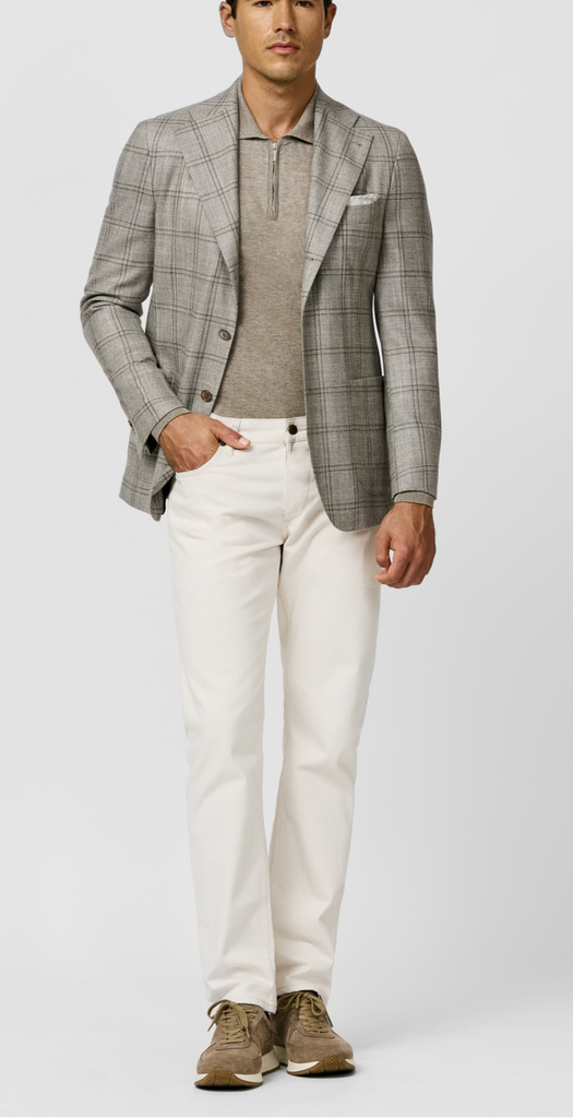 Loro Piana SILK AIR Oatmeal Wool, Silk & Cashmere Sharkskin with Taupe Double Windowpane