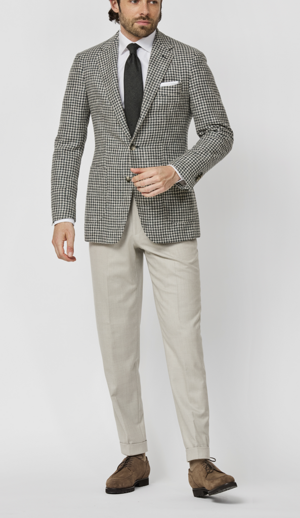 Ferla Jade Green & Bone Merino Wool, Baby Alpaca & Linen Houndstooth