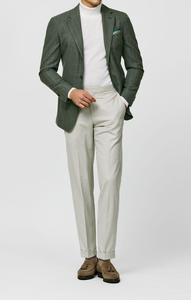 Drago Sage Green S180 Luxury Wool & Silk Flannel Herringbone