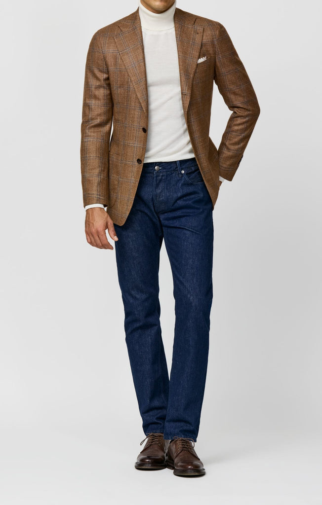 Loro Piana SILK AIR Cinnamon Wool, Silk & Cashmere Sharkskin with Denim Blue Double Windowpane