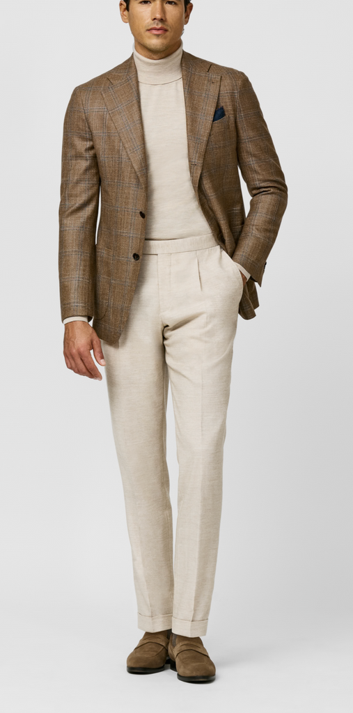 Loro Piana SILK AIR Cinnamon Wool, Silk & Cashmere Sharkskin with Denim Blue Double Windowpane