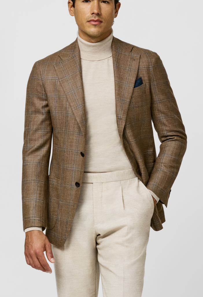 Loro Piana SILK AIR Cinnamon Wool, Silk & Cashmere Sharkskin with Denim Blue Double Windowpane