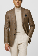 Loro Piana SILK AIR Cinnamon Wool, Silk & Cashmere Sharkskin with Denim Blue Double Windowpane