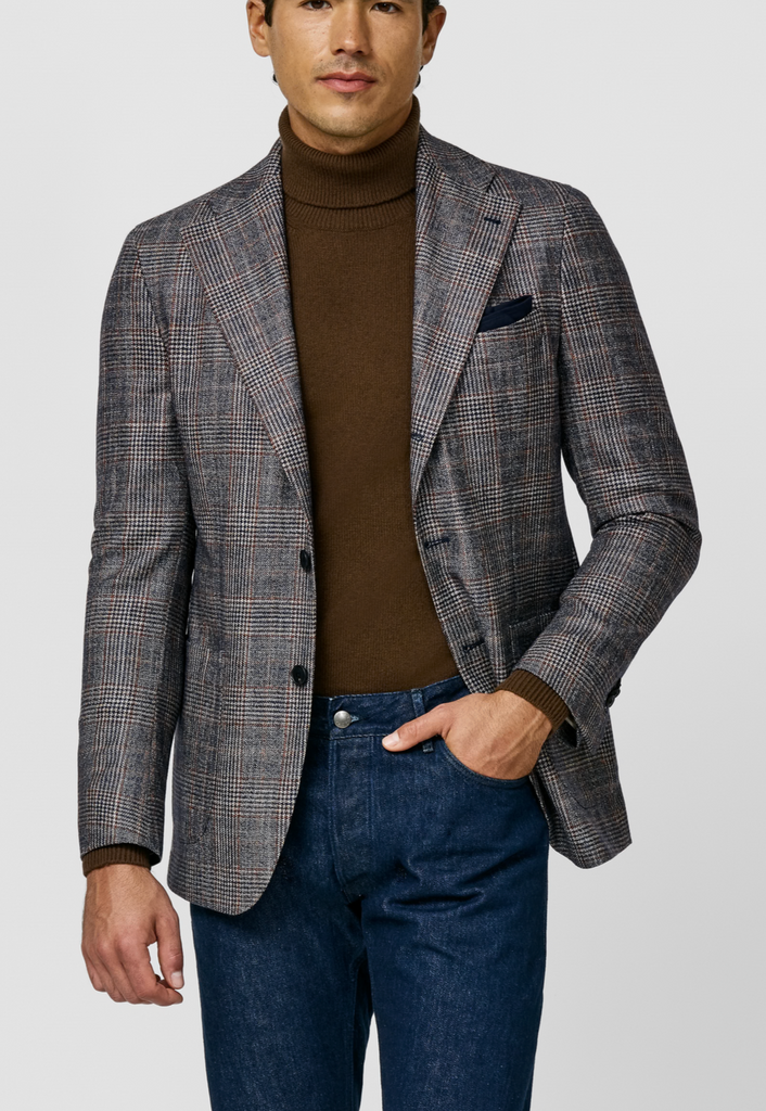 Loro Piana SILK AIR Blue & Sand Wool, Silk & Cashmere Sharkskin with Copper Glencheck