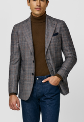 Loro Piana SILK AIR Blue & Sand Wool, Silk & Cashmere Sharkskin with Copper Glencheck