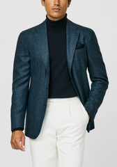 Drago Petrol Mélange Wool, Silk & Linen Subtle Herringbone