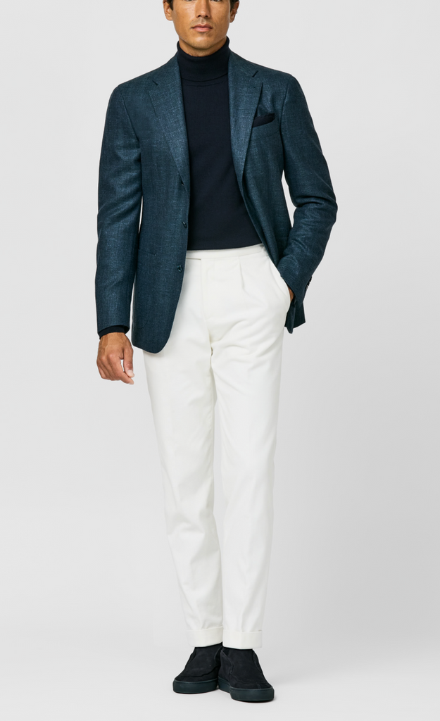 Drago Petrol Mélange Wool, Silk & Linen Subtle Herringbone