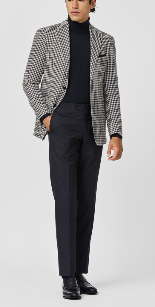 Ferla Midnight Blue & Off White Merino Wool, Baby Alpaca & Silk Houndstooth