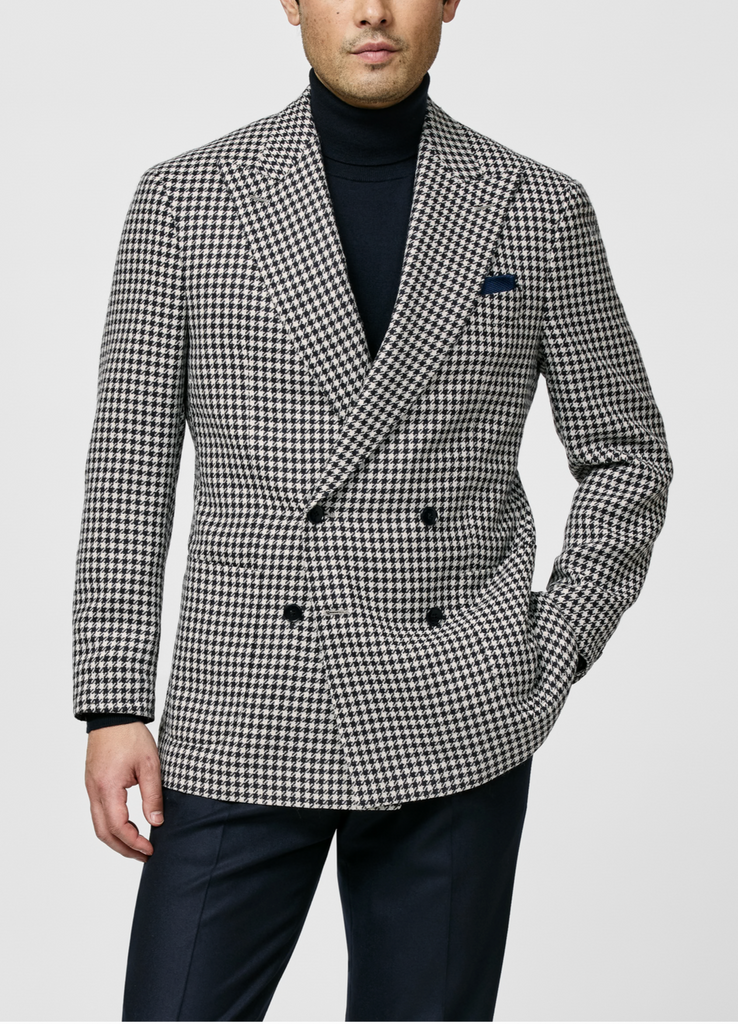 Ferla Midnight Blue & Off White Merino Wool, Baby Alpaca & Silk Houndstooth