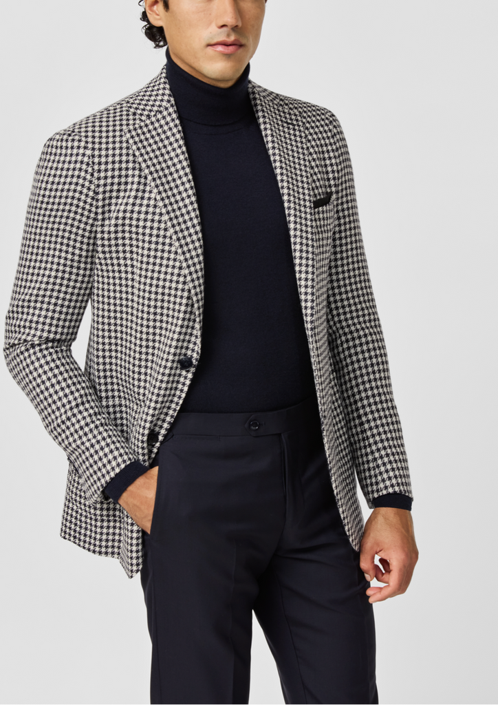 Ferla Midnight Blue & Off White Merino Wool, Baby Alpaca & Silk Houndstooth