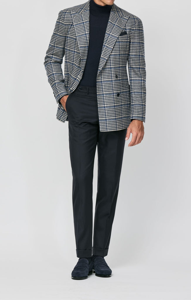 Loro Piana WISH Navy & Sand S170 Merino Wool & Cashmere Houndstooth with Royal Blue Windowpane