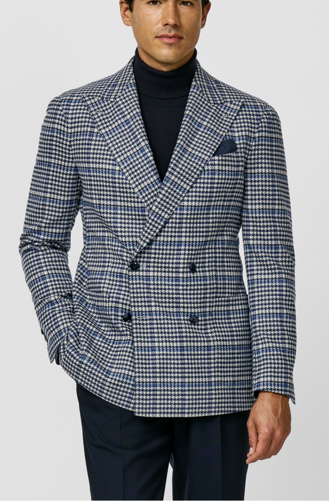 Loro Piana WISH Navy & Sand S170 Merino Wool & Cashmere Houndstooth with Royal Blue Windowpane