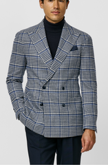 Loro Piana WISH Navy & Sand S170 Merino Wool & Cashmere Houndstooth with Royal Blue Windowpane