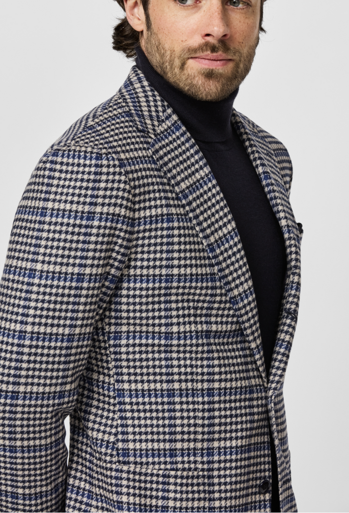 Loro Piana WISH Navy & Sand S170 Merino Wool & Cashmere Houndstooth with Royal Blue Windowpane