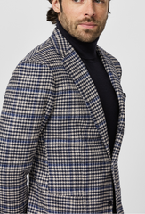 Loro Piana WISH Navy & Sand S170 Merino Wool & Cashmere Houndstooth with Royal Blue Windowpane