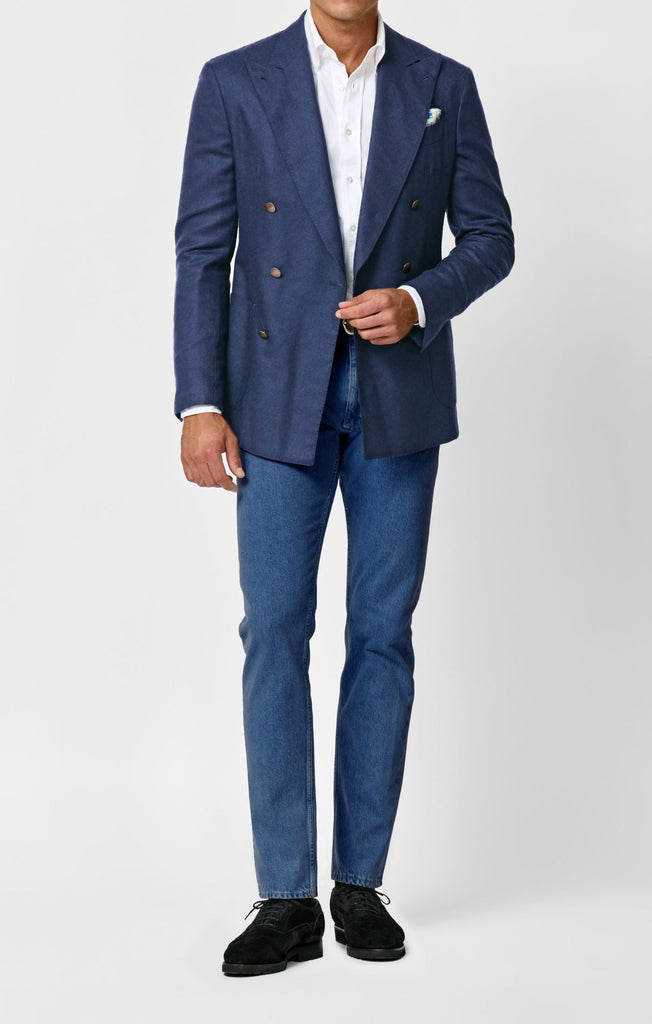 Drago Dark Blue Mélange Wool, Silk & Linen Subtle Herringbone