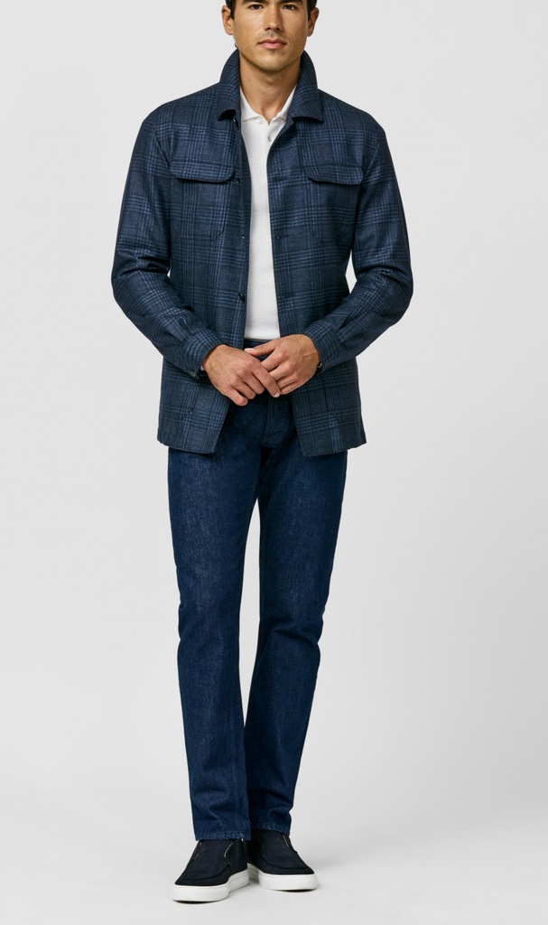 Loro Piana SILK AIR Dark Blue Merino Wool, Silk & Cashmere with Midnight Blue Glencheck