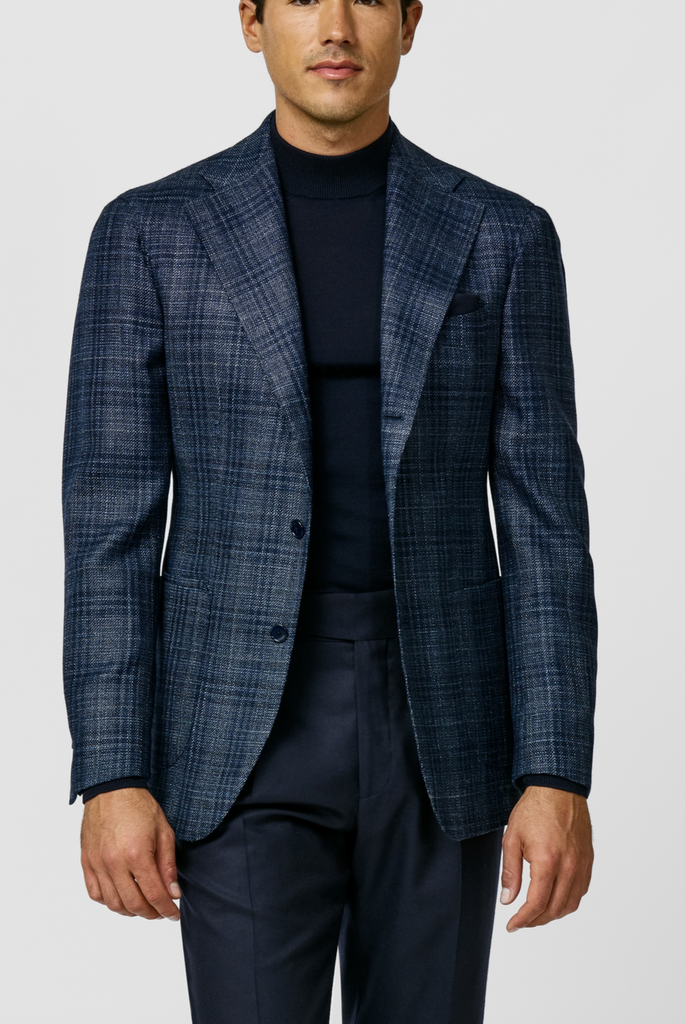 Loro Piana SILK AIR Neapolitan Blue Mélange Merino Wool & Silk Basketweave with Dark Blue Glencheck