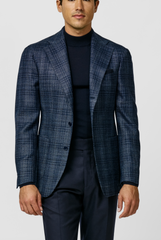 Loro Piana SILK AIR Neapolitan Blue Mélange Merino Wool & Silk Basketweave with Dark Blue Glencheck