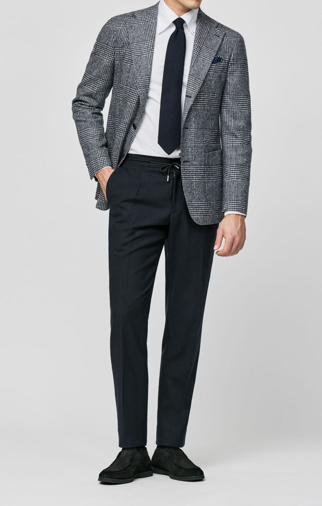 Ferla Light Grey & Dark Blue Mélange Merino Wool & Baby Alpaca Light Felted Bouclé with Glencheck