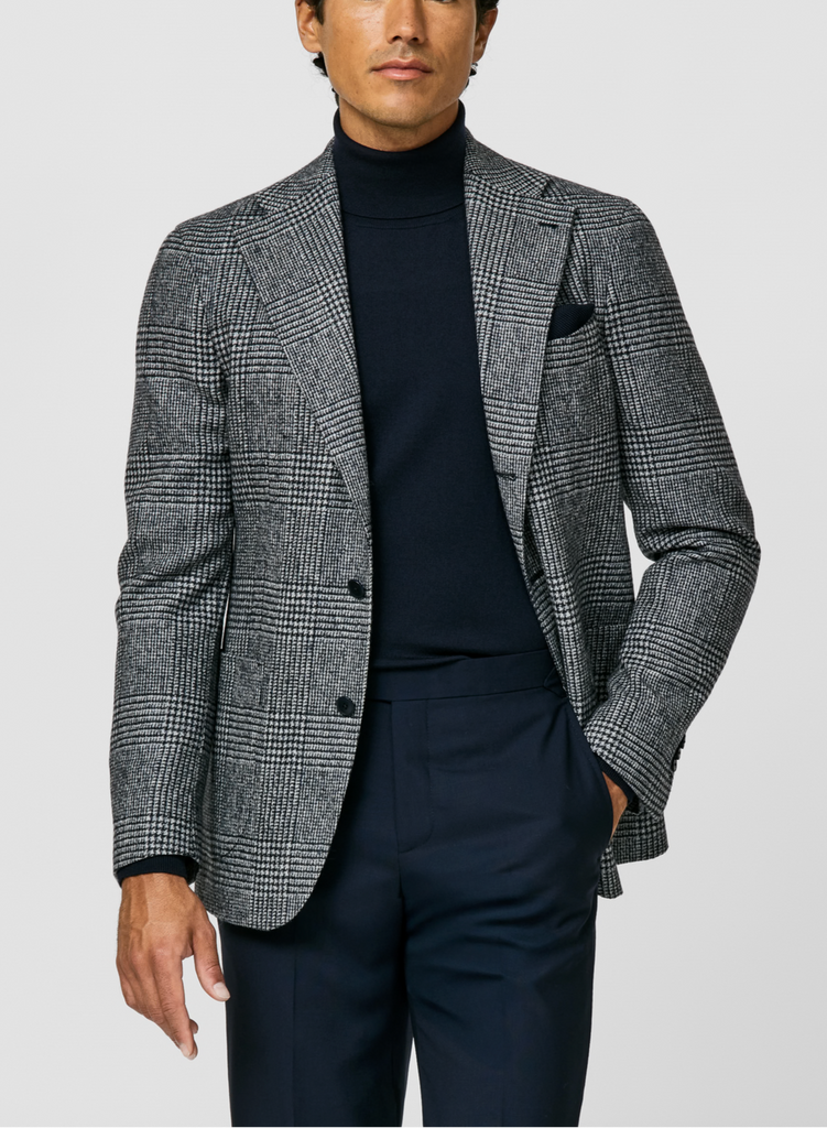 Ferla Light Grey & Dark Blue Mélange Merino Wool & Baby Alpaca Light Felted Bouclé with Glencheck