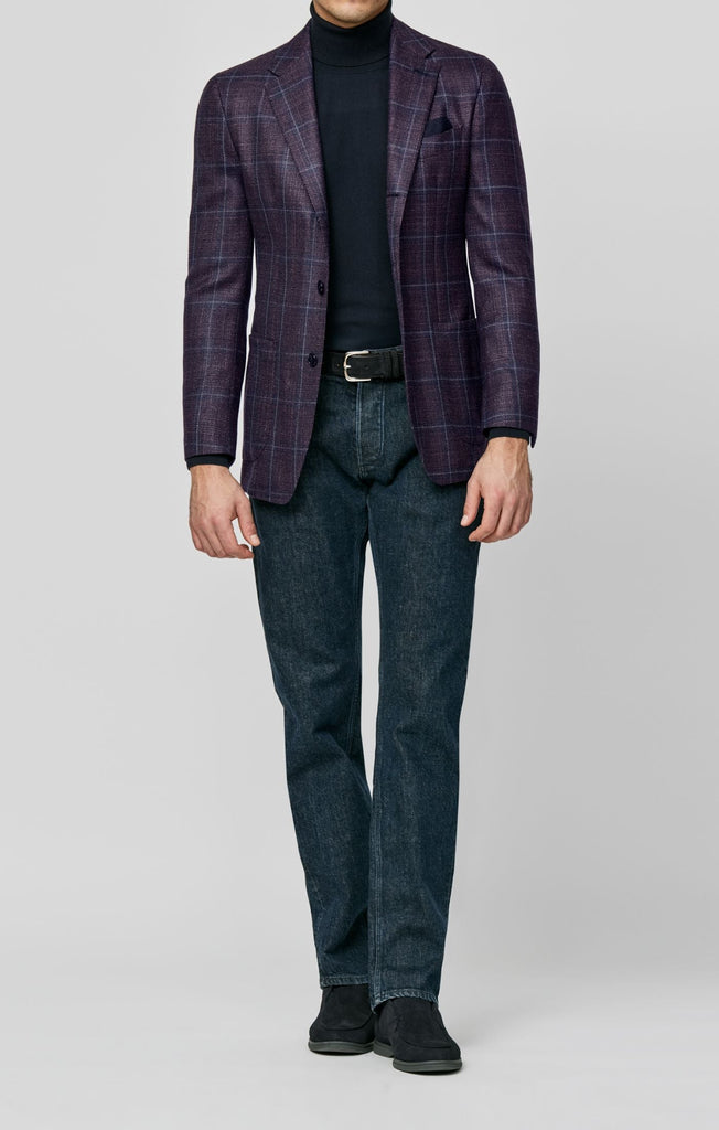 Loro Piana SILK AIR Plum Mélange Merino Wool & Silk Basketweave with Mixed Blue Glencheck