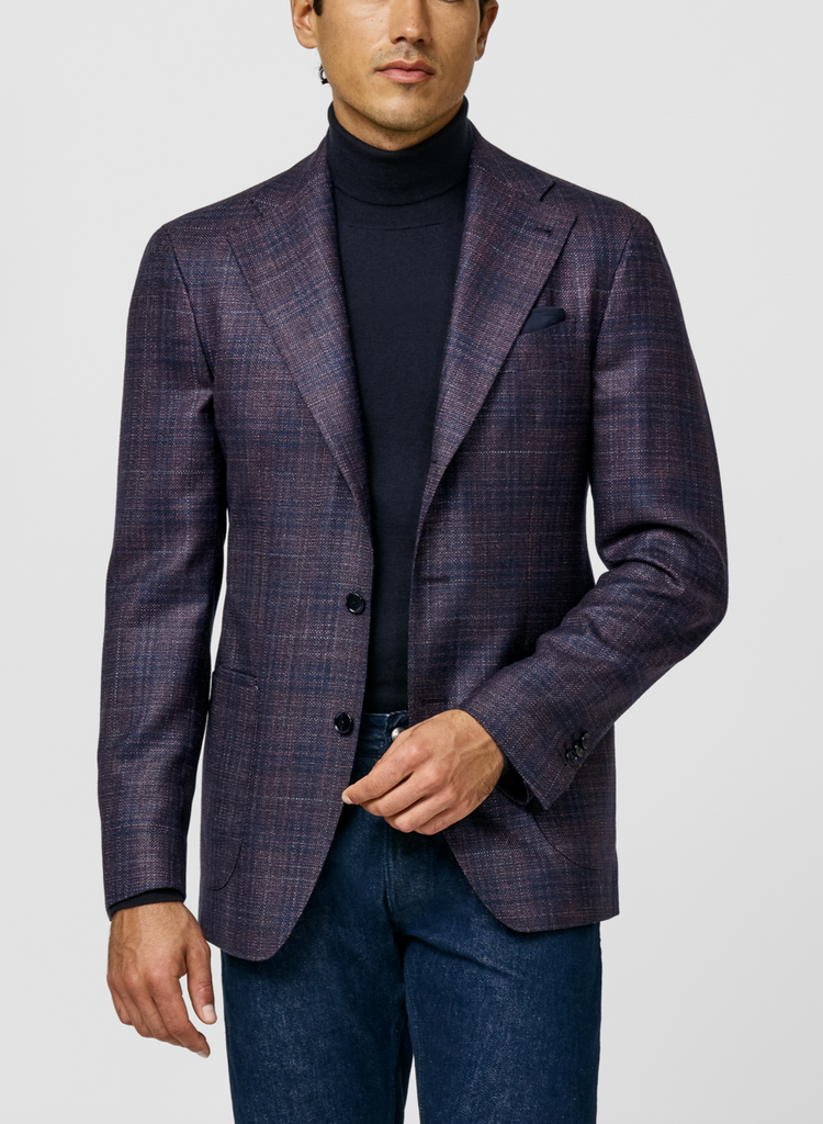Loro Piana SILK AIR Plum Mélange Merino Wool & Silk Basketweave with Mixed Blue Glencheck