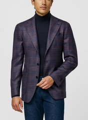 Loro Piana SILK AIR Plum Mélange Merino Wool & Silk Basketweave with Mixed Blue Glencheck