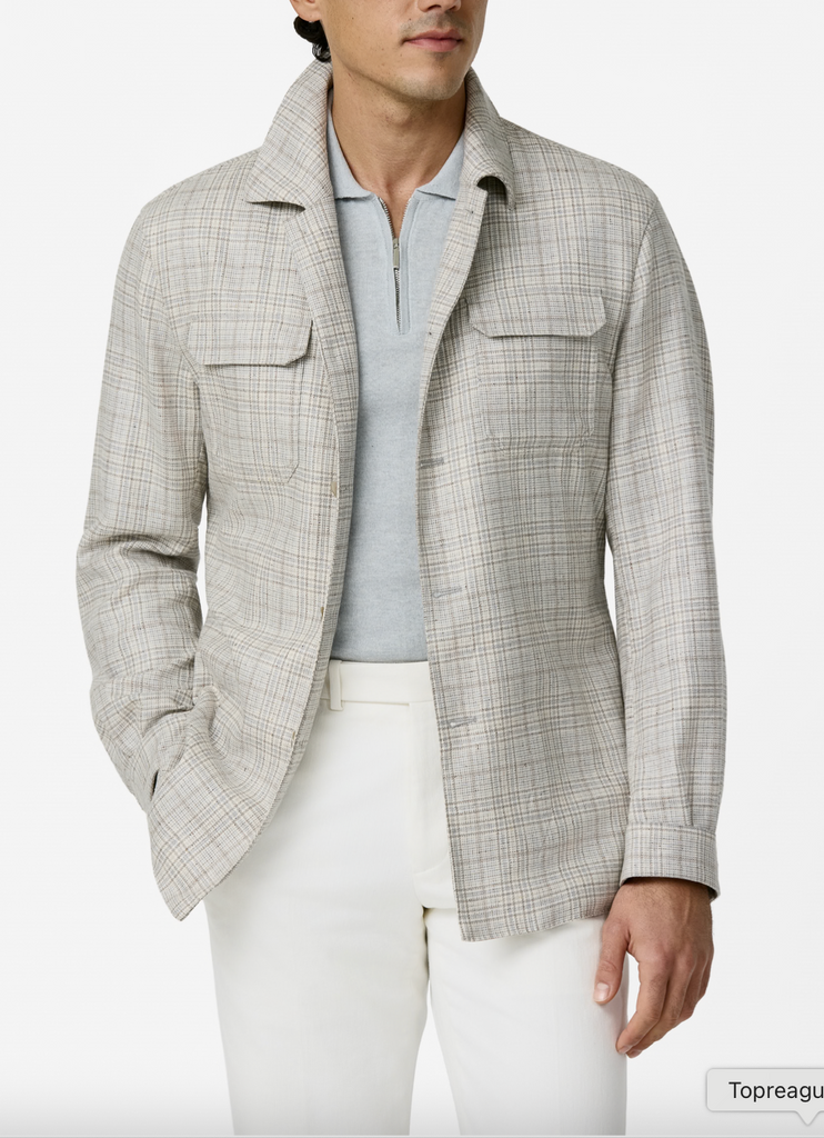 Di Pray Ivory & Oatmeal Silk & Wool Sharkskin With Oatmeal & Sky Blue Double Windowpane
