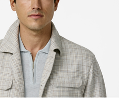 Di Pray Ivory & Oatmeal Silk & Wool Sharkskin With Oatmeal & Sky Blue Double Windowpane