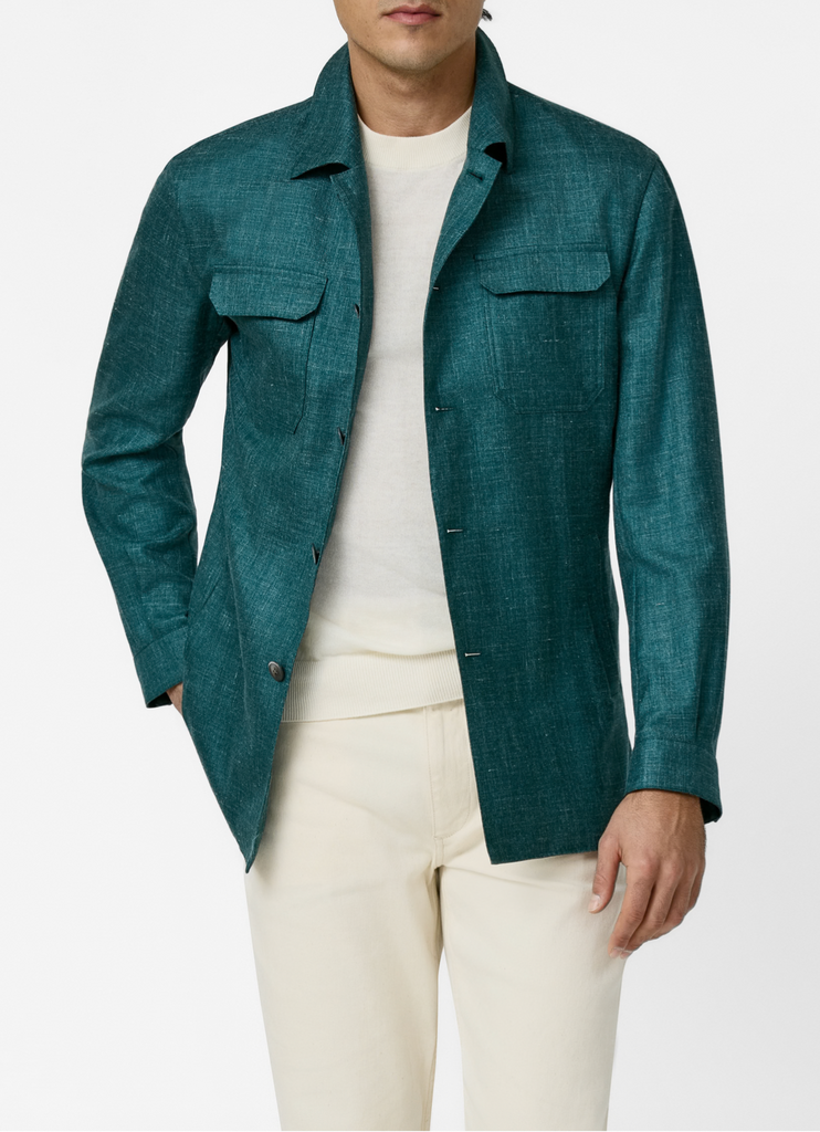 Di Pray Teal Mélange Wool, Silk & Linen Twill