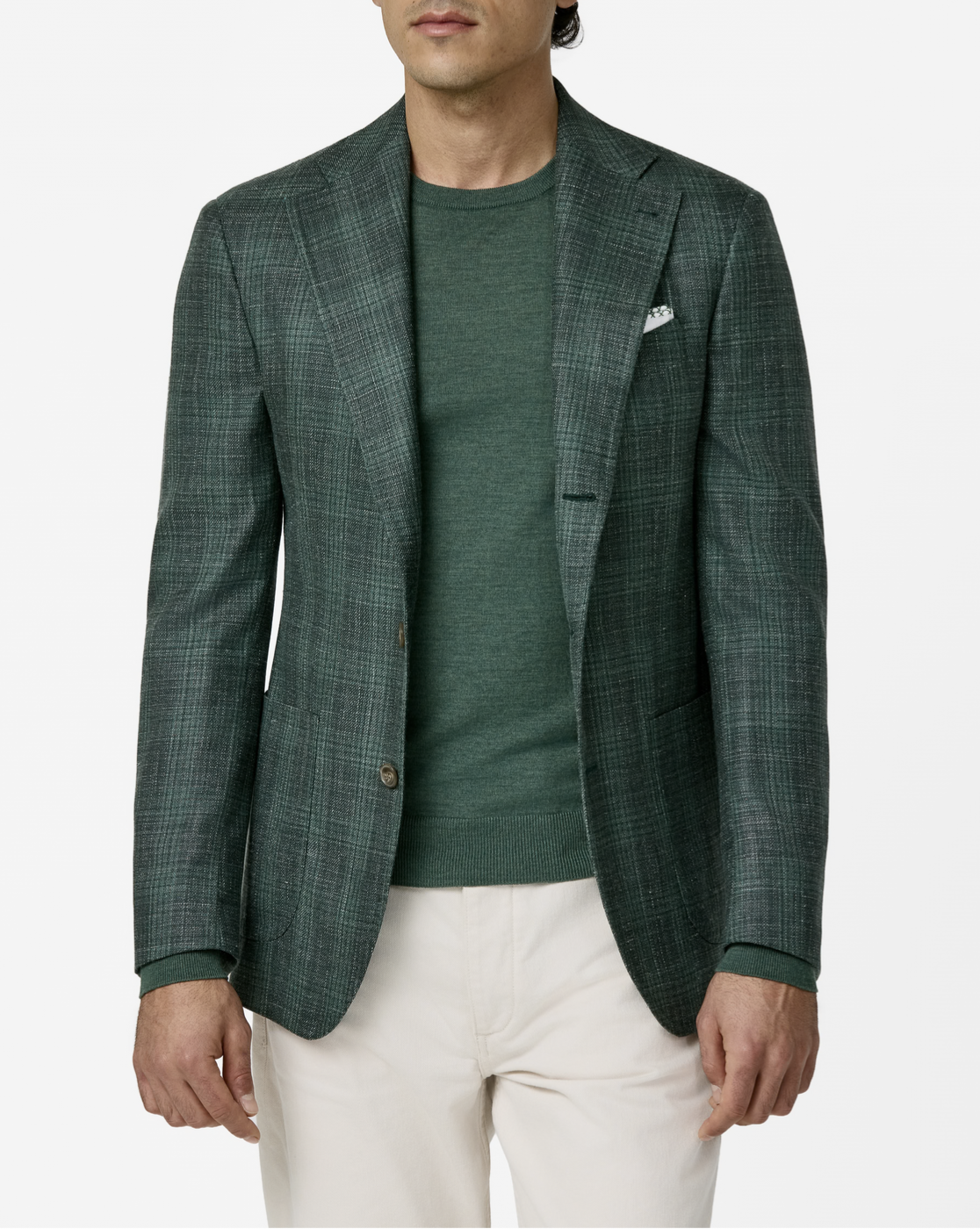 Fratelli Tallia Di Delfino Mixed Green Wool, Silk & Linen Glencheck