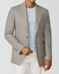 DREAM TWEED Ivory & Light Brown Wool & Silk Glencheck with Sky Blue Windowpane