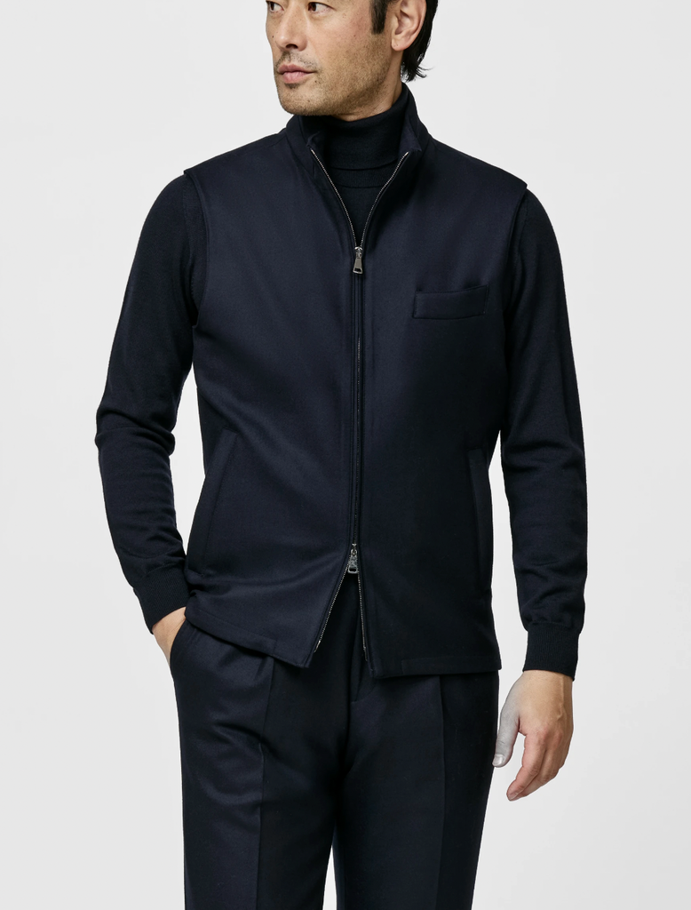 Loro Piana JERSELY Midnight Blue Stretch Brushed Merino Wool Flannel Vest / Bodywarmer