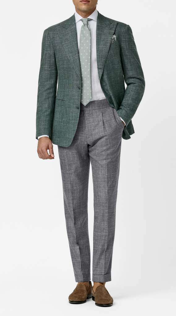 JERSELY Pine Green Stretch Wool, Silk & Linen Basketweave