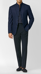 JERSELY Navy Blue Stretch Wool, Silk & Linen Basketweave