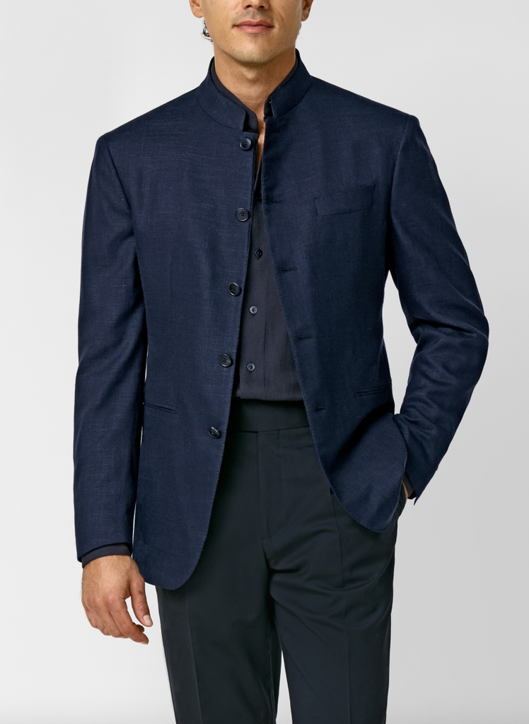 JERSELY Navy Blue Stretch Wool, Silk & Linen Basketweave