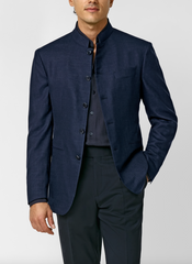 JERSELY Navy Blue Stretch Wool, Silk & Linen Basketweave