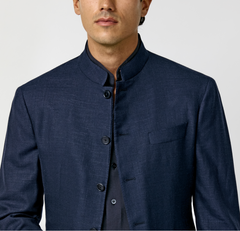 JERSELY Navy Blue Stretch Wool, Silk & Linen Basketweave