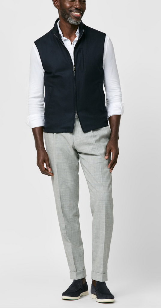 Di Pray Navy Blue Melange Silk & Wool Basketweave Vest / Bodywarmer