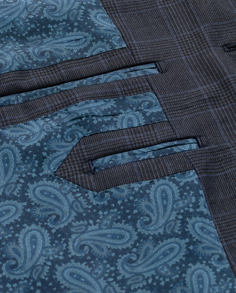 Barberis Canonico 365 Doppio Ritorto S130 Merino Wool Navy Blue with Mid Blue & Black Glencheck