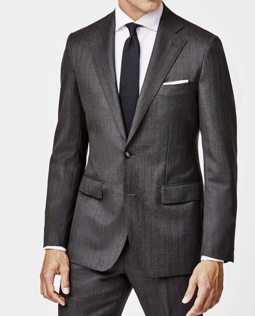 Barberis Canonico Charcoal Doppio Ritorto Super 130 Merino Wool Sharkskin with Navy Chalk Stripe