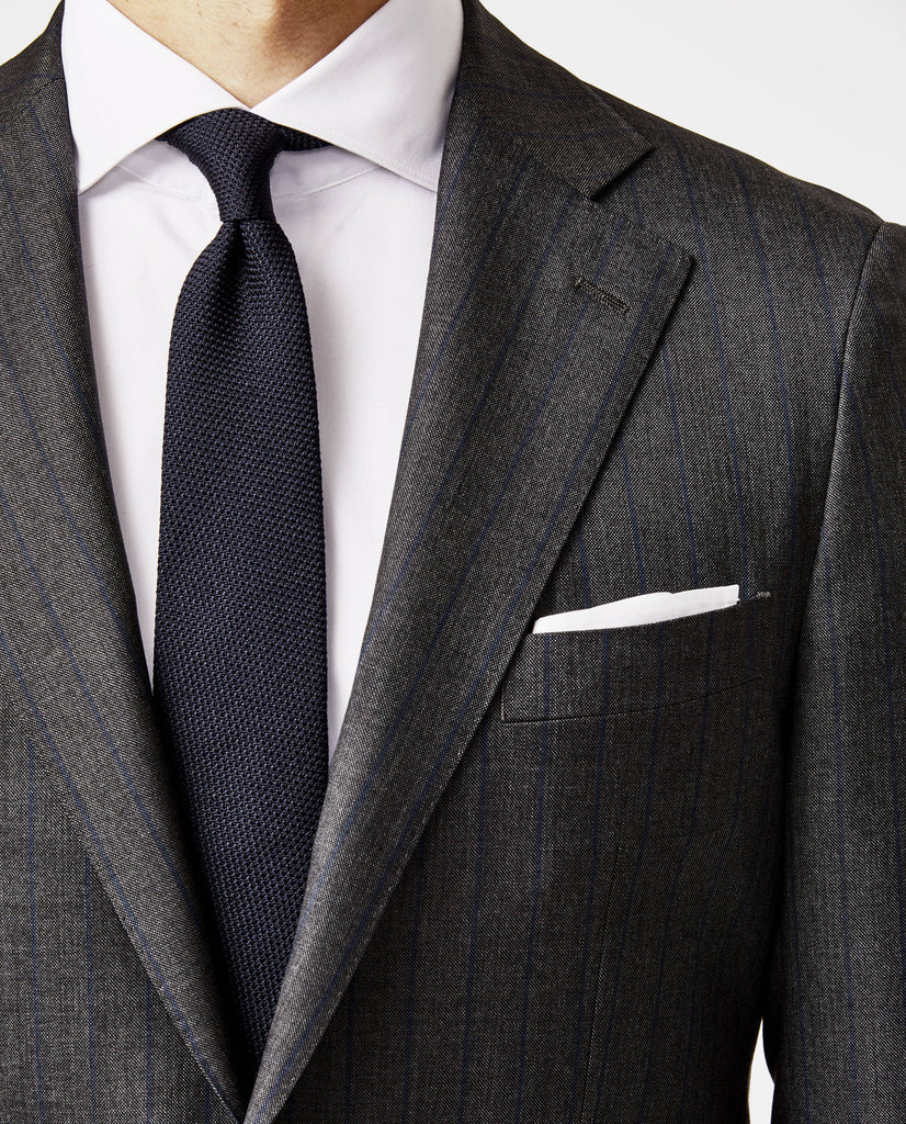 Barberis Canonico Charcoal Doppio Ritorto Super 130 Merino Wool Sharkskin with Navy Chalk Stripe