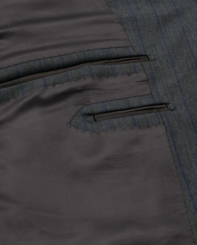 Barberis Canonico Charcoal Doppio Ritorto Super 130 Merino Wool Sharkskin with Navy Chalk Stripe