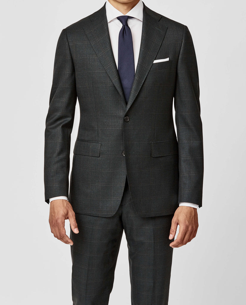 Angelico 365 Doppio Ritorto S130 Merino Wool Bottle Green with Brown Multi Windowpane